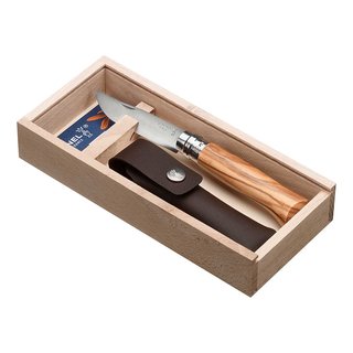 Opinel Taschenmesser Olive Geschenkset inkl. Opinel-Messer Nr. 8, Kunstleder-Etui, in Holzgeschenkbox