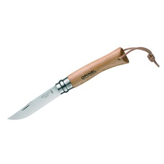 Opinel-Messer Nr. 7, rostfreier Sandvik-Stahl 12C27,  Buchenholzgriff, Lederriemen, Virobloc-System