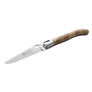 Laguiole-Messer, Stahl 12C27, Wacholderholz, Einhandbedienung, Rückenfeder, Lederetui