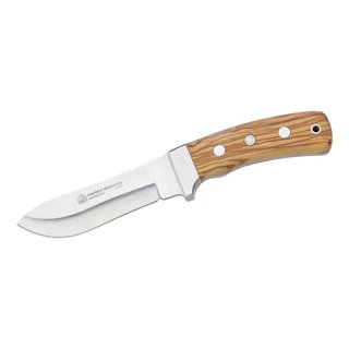 Jagdmesser Montero Olive, Neusilber mit Olivenholz-Griffschalen, Fangriemense, Leder-Steckscheide