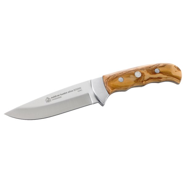 Puma IP outdoor hunter olive, Stahl 420, Olivenholz-Griffschalen, Neusilberbacken, braune Leder Steckscheide