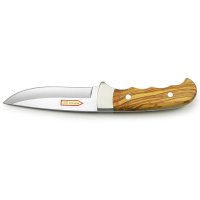 Puma IP outdoor hunter olive, Stahl 420, Olivenholz-Griffschalen, Neusilberbacken, braune Leder Steckscheide