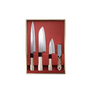 Japanisches Kochmesser-Set, 3 Messer und Abziehstein, Stahl 420J2, Holzgriff
