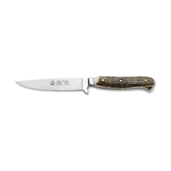 Jagdmesser, Modell Bock, Stahl 1.4034 mit Hirschhorn-Schalen, Leder-Steckscheide