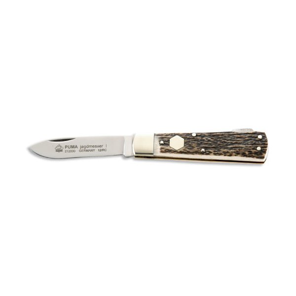 Jagd-Taschenmesser Back-Lock, Hirschhorn-Griffschalen, Neusilberbacken, Gravurplättchen