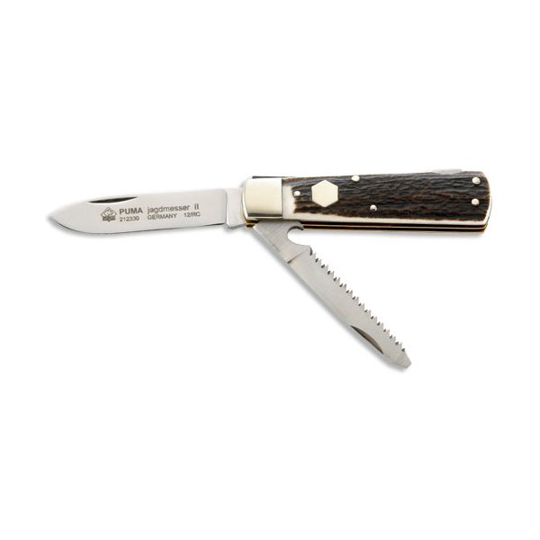 Jagd-Taschenmesser Säge, Back-Lock, Hirschhorn-Griffschalen, Neusilberbacken, Gravurplättchen
