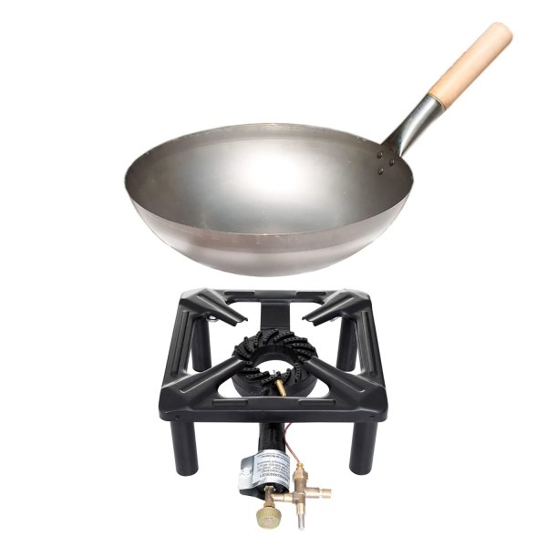 Hockerkocher-Set (klein) mit Stahl-Wok Ø 30 cm - mit Zündsicherung