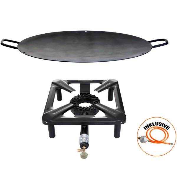 Hockerkocher-Set (klein) mit Eisen-Wok/Grillschale Ø 50 cm inkl. Gasschlauch & Regler