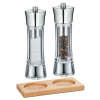 Zassenhaus Set Salzmühle & Pfeffermühle Aachen Acryl/Edelstahl 18 cm & Untersetzer Buche eckig