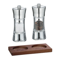 Zassenhaus Set Salzmühle & Pfeffermühle Aachen Acryl/Edelstahl 14 cm & Untersetzer Eiche eckig