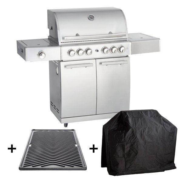 Allgrill® DE-LUXE Topline Volledelstahl Gasgrill CHEF L Set mit 1/2 Gussgrillplatte und Wetterschutzhülle