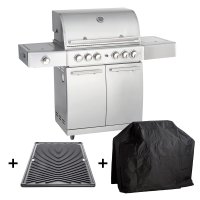 Allgrill® DE-LUXE Topline Volledelstahl Gasgrill CHEF L Set mit 1/2 Gussgrillplatte und Wetterschutzhülle