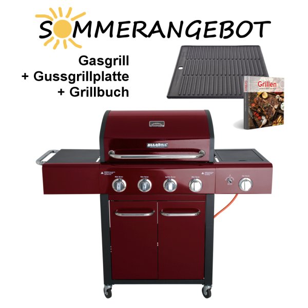 Allgrill Gasgrill "FESTIVAL" bordeauxrot 1/2 Gussgrillplatte und Grillbuch