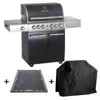 Allgrill® DE-LUXE Black-Line Volledelstahl Gasgrill CHEF L Set mit 1/2 Gussgrillplatte und Wetterschutzhülle