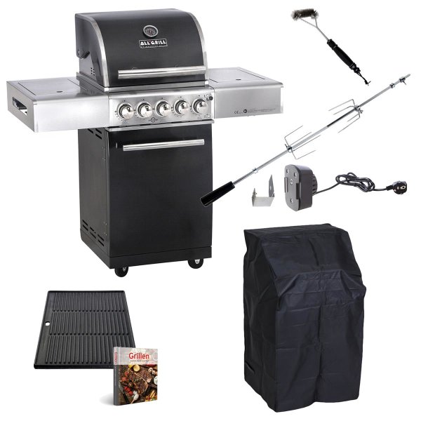 Allgrill Top-Line Gasgrill Chef S Black - Set mit Grillspieß, Grillplatte, Wetterschutzhülle, Grillbürste