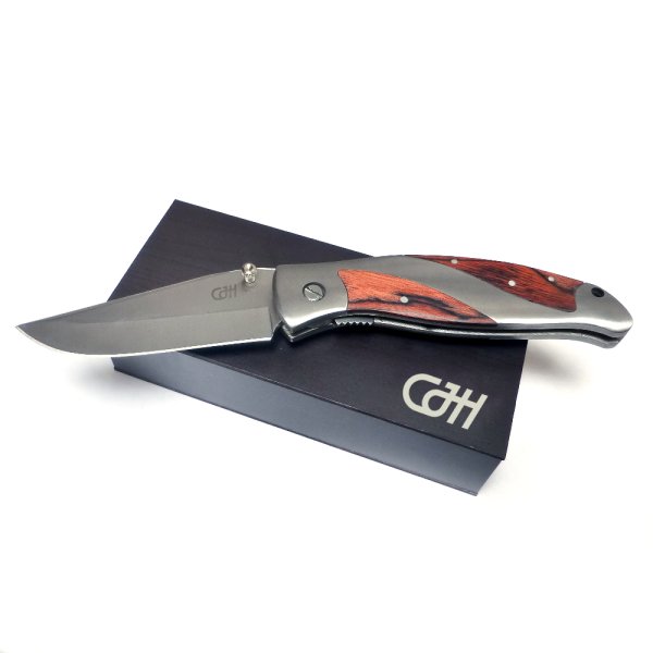 CJH Einhandmesser, Pakkaholz-Schalen, in Holzschatulle